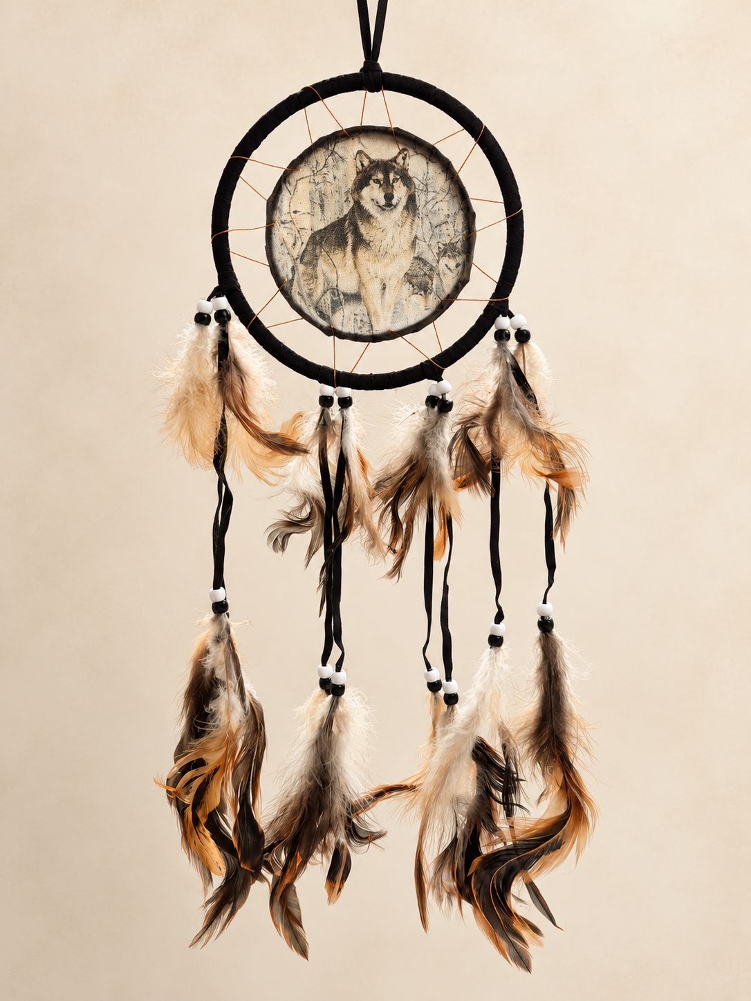 Traumfänger Wolf | Spiritueller Wandschmuck mit Wolfsmotiv | Ø 16 cm
