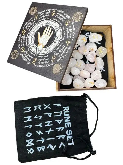 Futhark-Runenset aus Rosenquarz mit Stoffbeutel - Ritualzubehör