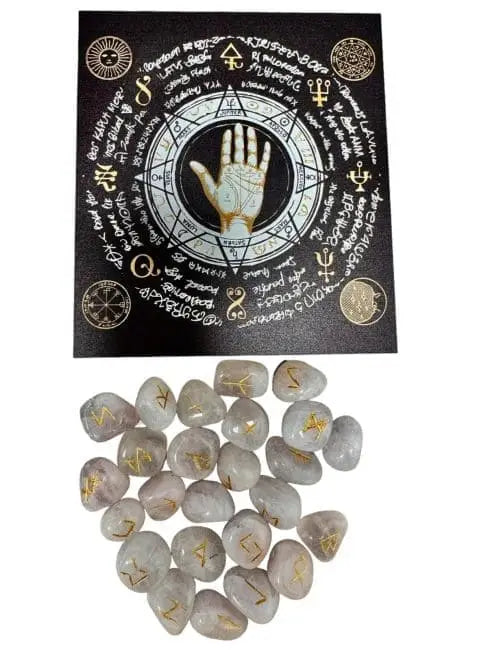 Futhark-Runenset aus Rosenquarz mit Stoffbeutel - Ritualzubehör