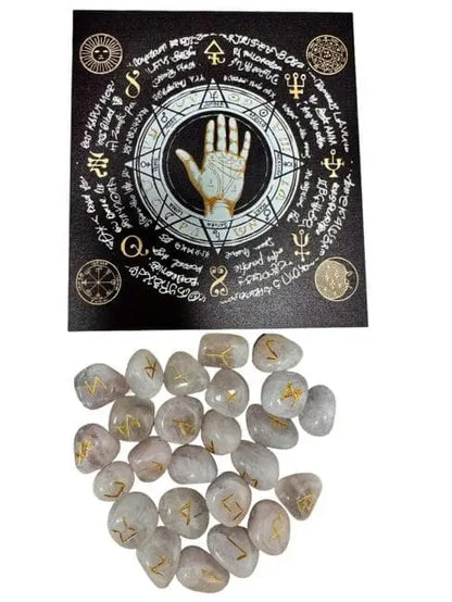 Futhark-Runenset aus Rosenquarz mit Stoffbeutel - Ritualzubehör