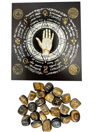 Futhark-Runenset aus Rosenquarz mit Stoffbeutel - Tigerauge - Ritualzubehör
