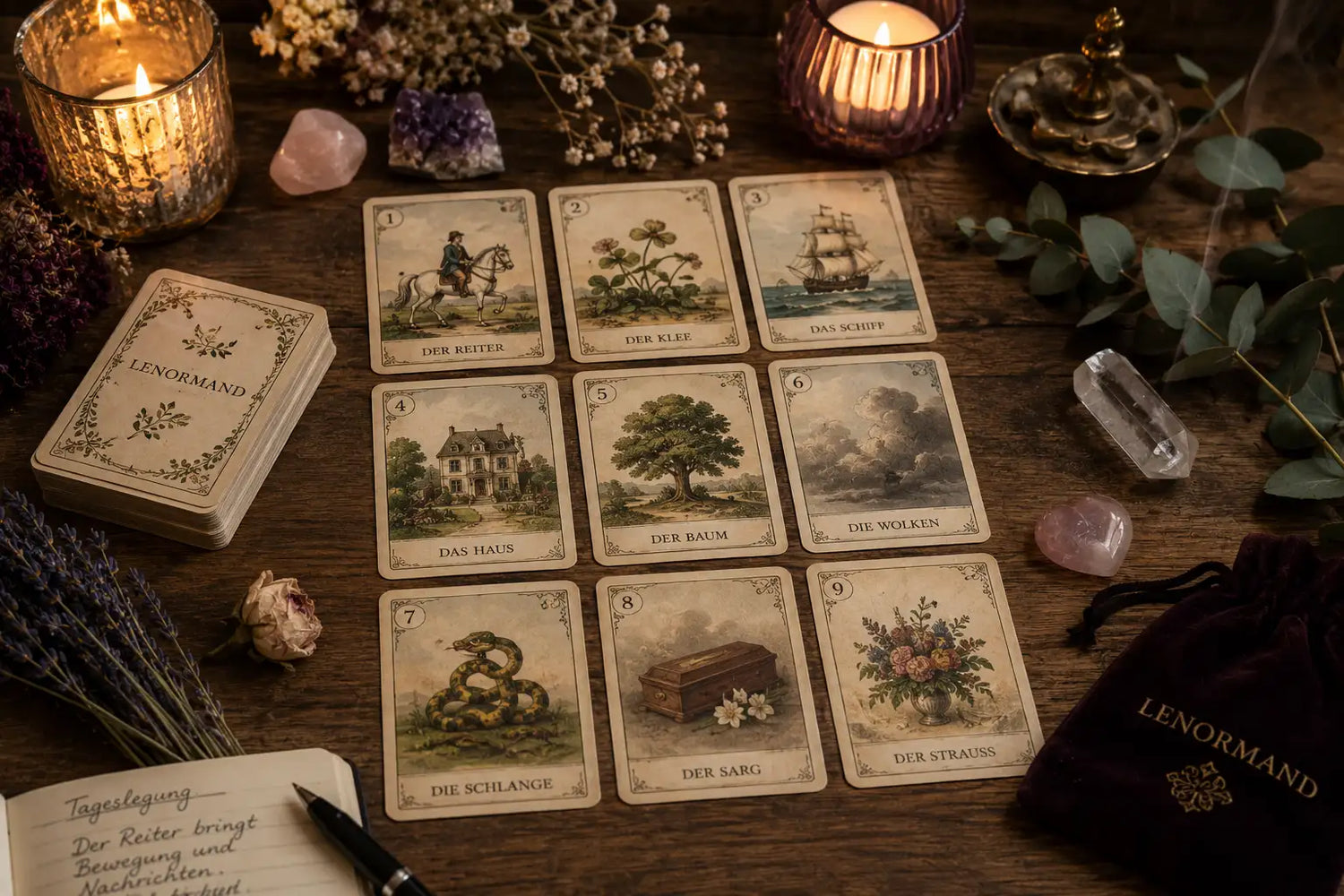 Ein Lenormand-Kartendeck im Vintage-Stil mit kunstvoll geprägten goldfarbenen Rändern und sepiafarbenen Illustrationen symbolischer Szenen wie ein Reiter, ein Schiff und ein Baum.
