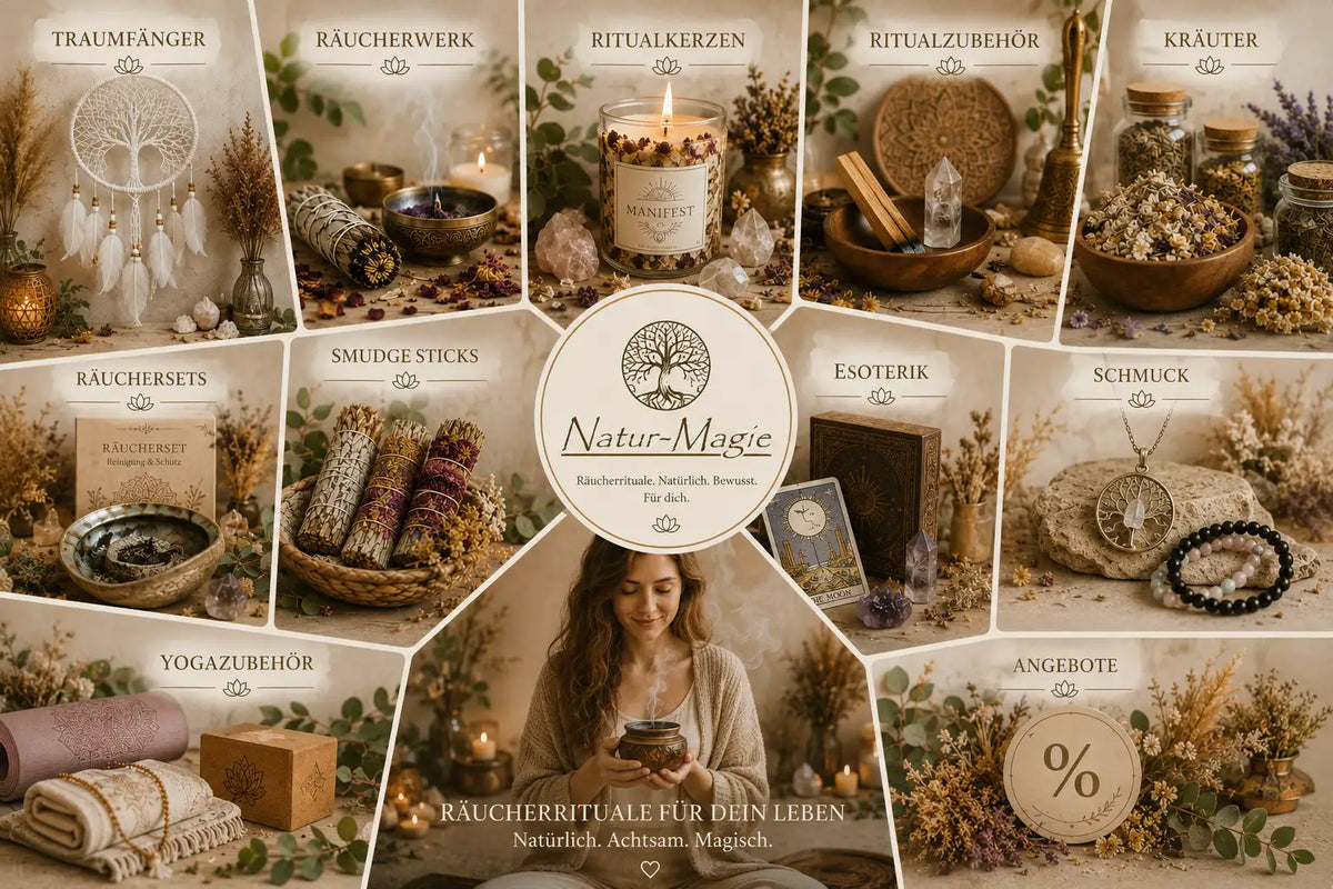 Natur-magische Aromatherapie-Duftkerze der Marke mit brennendem Docht, klarem Glasbehälter und sichtbaren Botanicals im Inneren.